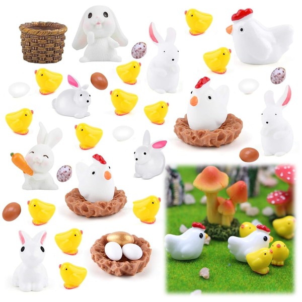 40Pcs Easter Decorations Resin Animals, Easter Rabbit Miniature Figurines, Chicken