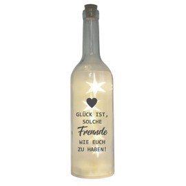 LED bottle with motif, "Glück ist solche Freunde wie euch zu haben, grey, 29 cm, bottle light, glitter bottle, light bottle, lamp with text saying
