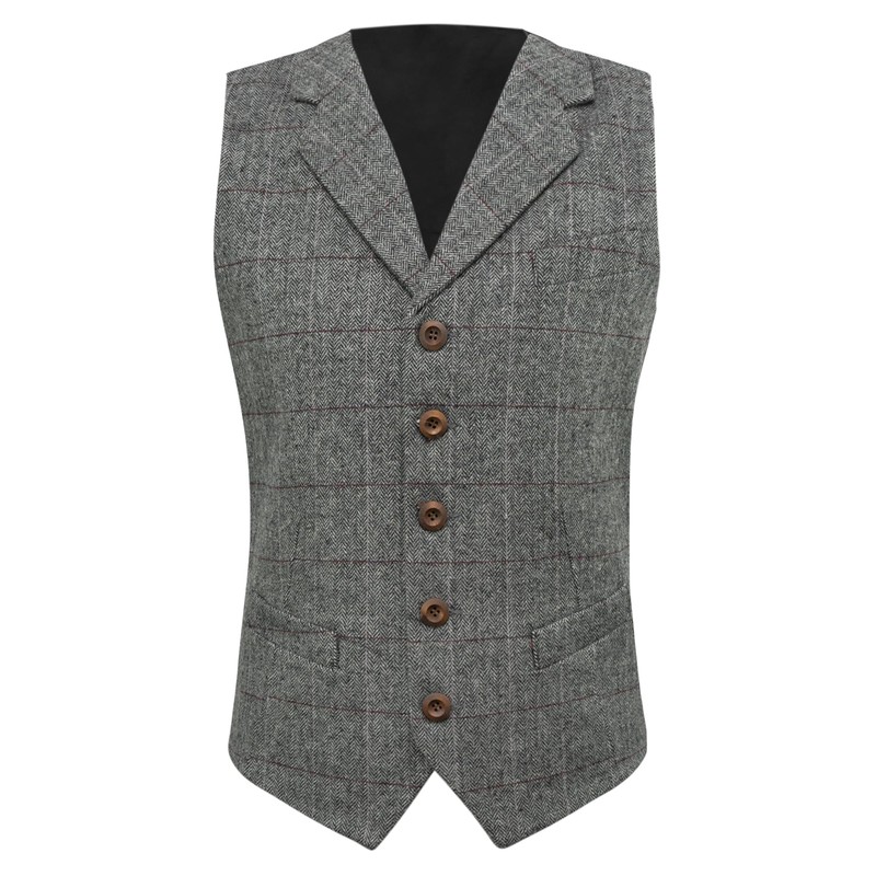 King & Priory Luxury Pewter Grey Herringbone Check Waistcoat with