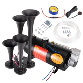 FARBIN 178DB 4 Trumpet Horns Train Horn Kit for Truck Super Loud Air horns with 150 PSI 12V Air Compressor Air Tank Can for Jeep SUV Train Metal Black(0.8 gal 12v black air horn kit)