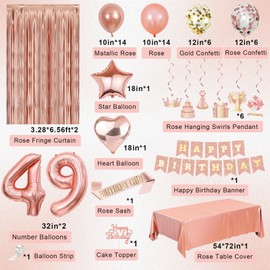 49th Birthday Decorations for Women Girls, Happy 49 Birthday Decorations for Her, Rose Gold Birthday Party Supplies with Banner, Number Balloons, Fringe Curtains, Hanging Swirls