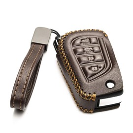 Vitodeco Genuine Leather Flip Key Fob Case Cover Protector with Key Chain Compatible for 2018-2021 Toyota Camry, Corolla (4-Button, Brown)