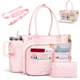 SIYNPAV Teacher Tote Bag with 15.6 in Laptop Compartment& Cup Holder Pink