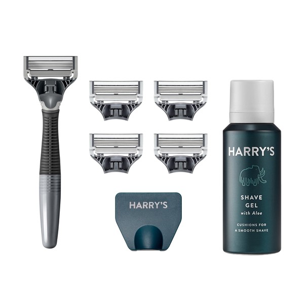 Harry's Razors Set with 5 Razor Blade Refills for Men, Travel Blade Cover, 2 oz Shave Gel (Charcoal)