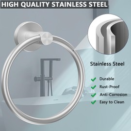 WOOPHEN Hand Towel Ring, Thicken Stainless Steel Bath Towel Holder Modern Round Towel Hanger Wall Mounted for Bathroom, Kitchen (Brushed Nickel)