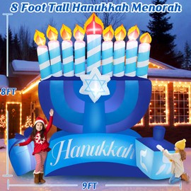 MICOCAH 8FT Tall Hanukkah Inflatables Outdoor Decorations, Inflatable Hanukkah Menorah with Candles and Dreidel Blow Up Yard Decoration Build-in LEDs for Holiday Party Indoor Lawn Garden Décor