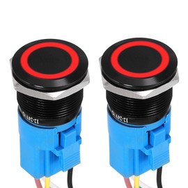 DMiotech 2 Pcs 22mm / 7/8" Push Button Switch, IP66 1NO1NC 12-24V 3A Momentary Latching Push Button Starter Light Switch Self-Locking with Red Light Round, Aluminum Alloy Flat Head Black