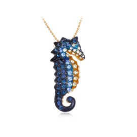 Alilang Golden Tone Blue Rhinestones Nautical Ocean Seahorse Pendant Necklace