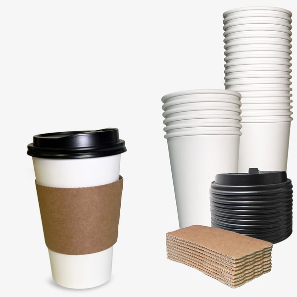 EcoQuality 20 oz Disposable White Paper Coffee Cups with Black Dome Lids and Protective Corrugated Cup Sleeves - Perfect Disposable Travel Mug for Home, Office, Coffee Shop, Travel, Tea (400)