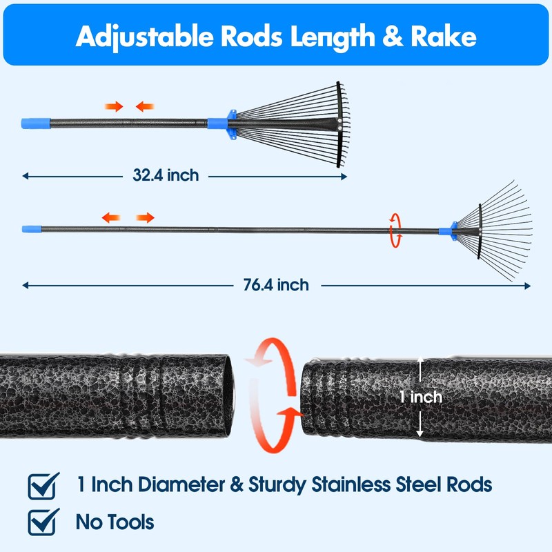 BsBsBest 75" Rake for Leaves with 18 Metal Tines 10-18"