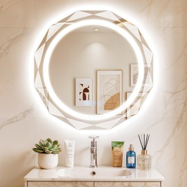 Homsion 24 Inch Round LED Bathroom Mirror with Lights, Frameless Vanity LED Mirror for Bathroom with Beveled Edge, Backlit Anti-Fog, Dimmable, 3 Colors, Memory Function, Tempered Glass, Shatter-Proof