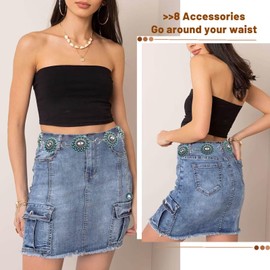 Xiokyo Boho Turquoise Concho Belt Heavy Metal Western Bling Rhinestone Chain Belt Cowgirl Sparkly Crystal Waist Chain for Women Dress