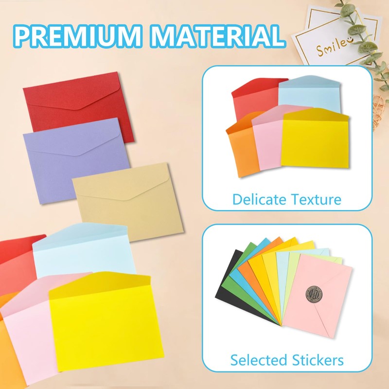 70pcs Mini Envelopes, Small Coloured Envelopes with 100 Stickers, Tiny