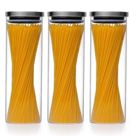 Bacimi® Airtight Borosilicate 3mm thick Glass Storage Containers for Spaghetti, Pasta, Noodles, Linguini, Lasagna, Flour, Cereal, Coffee, Multi Purpose Food Jar, Canisters for Kitchen, Pantry 67oz Ea