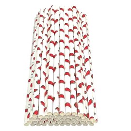Haobase Pack of 50 Paper Straws, Biodegradable Paper Straws for Drinking Cocktail, Coffee, Cold Drinks (Fruit Pattern) (Watermelon Pattern)