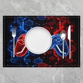 Kids Gamer Table Place Mats Game Controller Placemat 45X30cm Honeycomb Gaming Gifts Washable Fabric Table Mats Placemat Beehive Gamepad Pattern Red Blue and Black Table Mats