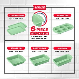 BAKKEN Kitchen Baking Pan Set - Nonstick Green Marble Coating, Commercial Grade Carbon Steel Bakeware Sets, Baking Kitchen Essentials, PFOA, PFOS, PTFE Free, Oven Safe Tray (Up To 450° F), Set of 6