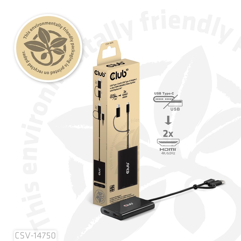 Club3D CSV-1475 USB Type-C (with USB Type-A Adapter) to Dual