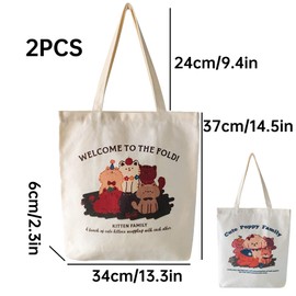 Jiavlyx Pack of 2 Printed Cotton Bags, 37 x 34 cm Tote Bag, Women's Canvas Bag, Reusable Canvas Shopping Bag, Canvas Bag, Cute Animal Pattern, for School, Shopping, Travel, White
