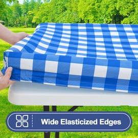 Smiry Picnic Table Cloth 2 Pack, Waterproof Elastic Fitted Tablecloths for 4FT Rectangle Tables, Washable Polyester Buffalo Plaid Tablecloth for Camping, Dining & Outdoor (Blue & White, 30" x 48")