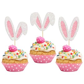 24 piezas de decoración para cupcakes con orejas de conejo de Pascua con purpurina para conejito de Pascua, feliz cumpleaños, fiesta de Pascua, baby shower, cumpleaños, primavera, Pascua, decoración de pasteles