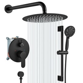 gotonovo Slide Bar Shower System Round Shower Faucet Sets with Rainfall Showerhead and 6-Mode Handheld Spray Wall Mounted Dual Function Including Rough-in Valve and Trim Kit, 12 Inch, Matte Black