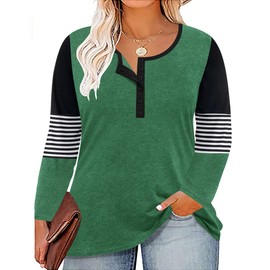 Ladies Plus Size Tops Henley Crewneck Long Sleeve 4X Striped Color Block Sleeve Button T-Shirts Green Pullover Fall Winter Tee 4XL 24W 26W