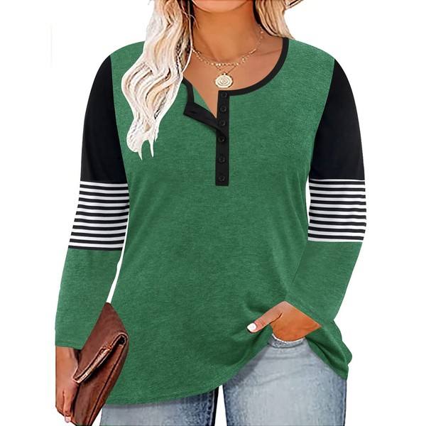 Ladies Plus Size Tops Henley Crewneck Long Sleeve 4X Striped
