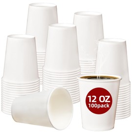 100 Count 12 oz Paper Coffee Cups, Disposable Hot and Cold Cups, Leak-Proof White Cups for Coffee, Tea, Sturdy Hot Drink Cups for Home, Office, and Events