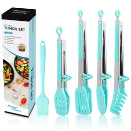 5-Pack Silicone Tongs for Cooking,Maywe Tanso 4PCS 13-Inch Kitchen Tongs with Silicone Tips,Nonstick Stainless Steel Tong for Steak Pie Pizza Pasta Spaghetti Salad BBQ Buffet,Plus Brush