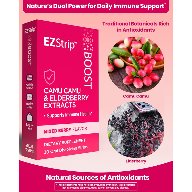 EZStrip Boost Camu Camu and Elderberry Extract Strips.
