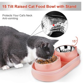 KEVIDEAWL Elevated Cat Food Bowls, Raised Cat Bowl with Stand Stainless Steel, Tilted Bowls Anti Vomiting, Double Cats Food and Water Bowl Set for Cats (Pink)