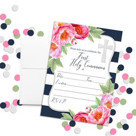 Watercolor Pink Peony First Holy Communion Religious Party Invitations with Navy Stripes, 20 5"x7" Fill In Cards with Twenty White Envelopes by AmandaCreation