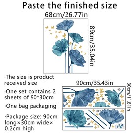 Wall Sticker Blue Flower Painting Style Flower Plant Flower Butterfly Wallpaper Sticker Painting Style Interior Stylish Cat Butterfly Wall Sticker Wallpaper Landscape PVC Material DIY Stylish Interior