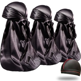 ForceWave 3 Pieces Silky Durags and 1 Wave Cap Pack for Men Waves, Moisture-Tech Fabric Satin Du-Rag