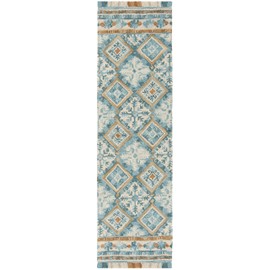 SAFAVIEH Blossom Collection 2'3" x 8' Ivory / Teal BLM421B Handmade Fringe Premium Wool Runner Rug