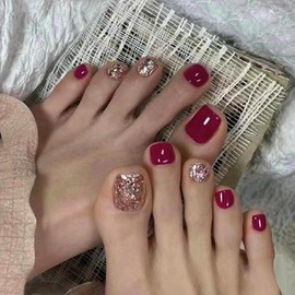 Red Press on Toenails Short Square Fake ToenailsPink Glitter Design False Toenails Summer Shiny Acrylic Toenails Full Cover Artificial Toenails for Women Girls Manicure Decoration 24Pcs