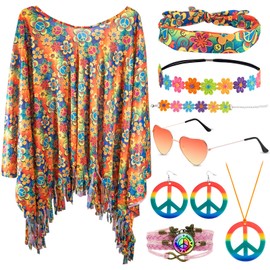 SREBIWO 8 Piece Hippie Costume Women's Set, Hippie Clothing Poncho, Headband, Necklace, Earrings, Sunglasses 60s 70s Hippie Clothing Accessories for Women