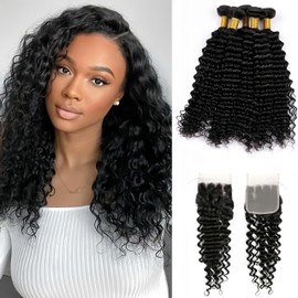 Deep Wave 5Bundles(50g/bundle) with 4x4 Lace Closure, Czrleaty Wet and Wavy Curly Human Hair Bundles with Closure, Unprocessed Brazilian Human Hair Extensions (14/14/14/14/14+14)