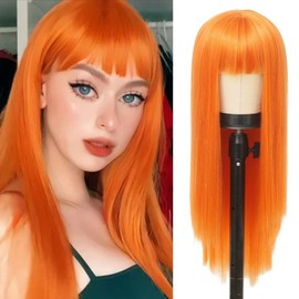 Orange Long Straight Wigs for Women Synthetic 28 Inch Natural Hair Wig with Bangs for Cosplay Daily Use