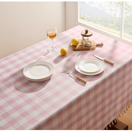 Softalker Valentines Day Checkered Tablecloth Square, Heavy Weight Cotton Gingham Boho Table Cloth with Tassel, Wrinkle Free Buffalo Plaid Table Cover for Dining/Party/Outdoor - 55 x 55 Inch, Pink