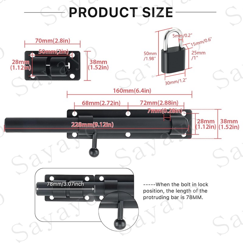SAYAYO Door Bolt Bolt with Padlock Stainless Steel Bolt Lock