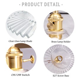Industrial Antique Wall Sconce Modern E27 Base Wall Light with Brass Gold Color Lamp Holder Glass Lampshade for Bedroom, Bathroom, Doorway, Foyer, Hallway, Clear Glass Color