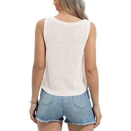 FISACE Womens Summer Knit Sweater Tank Tops Round Neck Crochet Hollow Out Sleeveless Casual Crop Shirt White