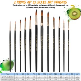 Paint Brushes 12 Pieces Set,Professional Paint Brush Round Pointed Tip Nylon Hair Artist Acrylic Brush for Acrylic Watercolor Oil Painting Body Paint (Black)