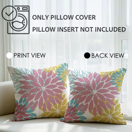 JANGYUHH Set of 2 Cushion Covers, 45 x 45 cm, Modern Flowers, Decorative Cushions, Double-Sided Pattern, Pink, Yellow, Blue, Sofa Cushion, Dahlias, Outdoor Cushion, Linen Decorative Cushion Covers for