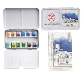 ZenART Supplies Professional Watercolour Paint Set Vista - Non-Toxic 12 Half-Pan in Metal Tin Palette Portable Travel Vibrant Water Color, (SPN0022-PW12S-C)