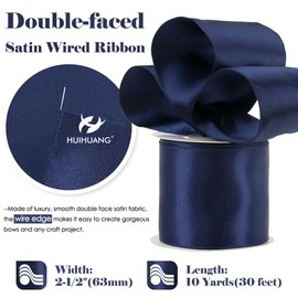 HUIHUANG Navy Blue Satin Wired Ribbon 2.5 inch Navy Wire Edge Christmas Ribbon for Bows, Gift Wrapping, Wreaths, Christmas Tree Decor, Garland, Wedding Decorations, DIY Crafts-Continous 10 Yards