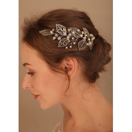 Deniferymakeup Rose Gold Leaves Hair Vine Bridal Hair Pearl Vine Wedding Hair Vine Wedding Hair Accessories for Bride (Silver)