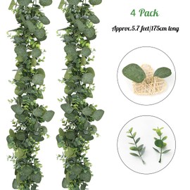 SOMYTING Eucalyptus Garlands Artificial Mixed Eucalyptus Leaves Vines Green Garland Hanging Plants for Farmhouse Table Decoration Mantle Wedding Arch Background Decoration (Pack of 4)